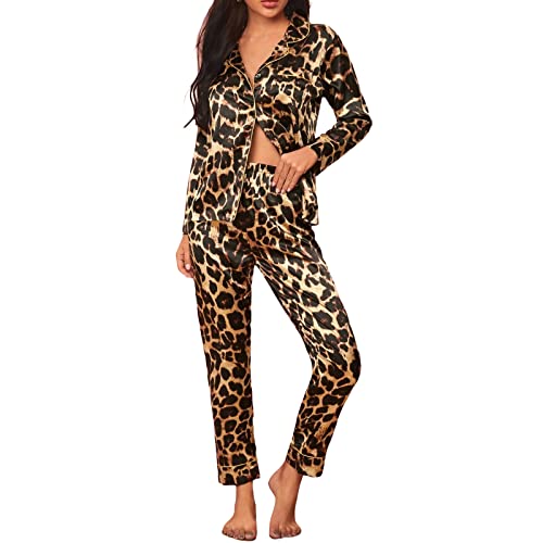 Geagodelia 2 Stück Pyjamas für Damen Lange Ärmel Gedruckt Faux gestreiften Druck Button Down Shirt + Hose Set Loungewear alle Jahreszeiten Nachtwäsche Pyjama Set (Leopard, M) von Geagodelia