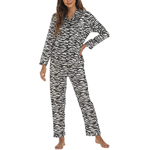 Geagodelia 2 Stück Pyjamas für Damen Lange Ärmel Gedruckt Faux gestreiften Druck Button Down Shirt + Hose Set Loungewear alle Jahreszeiten Nachtwäsche Pyjama Set (Zebra, L) von Geagodelia