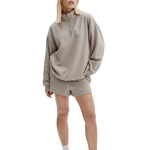 Geagodelia Damen Zweiteiler Outfit Oversized Sweatshirts und Sporthose Kurz Sport Set Locker 2 Teilig Trainingsanzug Elegant Sportlich Hausanzug Loungewear Set (B 01- Khaki, M) von Geagodelia