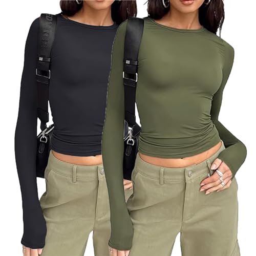 Geagodelia 2er Pack Damen Basic Langarmshirt Set Eng Rundhalsausschnitt Langarm Oberteil Teenager Mädchen Y2K Crop Top Clothes (Schwarz/Olivgrün, S) von Geagodelia