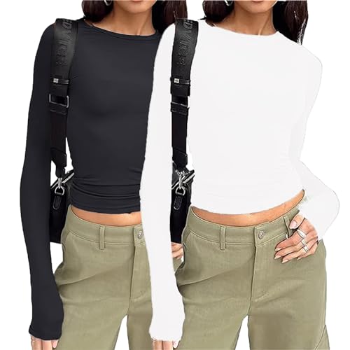 Geagodelia 2er Pack Damen Basic Langarmshirt Set Eng Rundhalsausschnitt Stretch Langarm Oberteil Teenager Mädchen Y2K Crop Top Clothes (Schwarz/Weiß, L) von Geagodelia