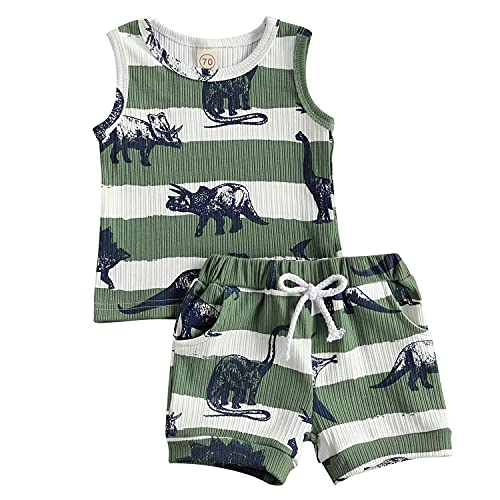 Geagodelia 2tlg Baby Kleidung Outfit Jungen Babykleidung Set Ärmellos Top Weste + Shorts Neugeborene Weiche Sommer Babyset NT-242 (Grün - Dinosaurier, 18-24 Monate) von Geagodelia