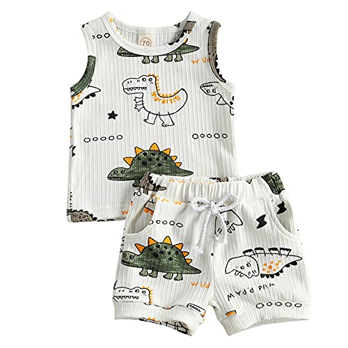 Geagodelia 2tlg Baby Kleidung Outfit Jungen Babykleidung Set Ärmellos Top Weste + Shorts Neugeborene Weiche Sommer Babyset NT-242 (Weiß - Dinosaurier, 0-3 Monate) von Geagodelia