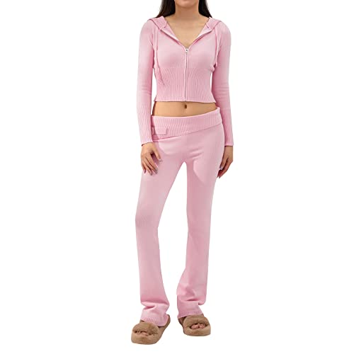 Geagodelia Zweiteiler Damen Elegant Hosenanzug Outfit Kleidung 2 Teiler Set Zip Up Hoodie Top + Hose Strick Set Y2k Aesthetic Clothes Loungewear Skims Dupes (A - Pink, S) von Geagodelia