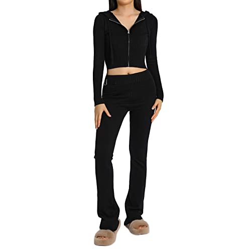 Geagodelia Zweiteiler Damen Elegant Hosenanzug Outfit Kleidung 2 Teiler Set Zip Up Hoodie Top + Hose Strick Set Y2k Aesthetic Clothes Loungewear Skims Dupes (A - Schwarz, L) von Geagodelia