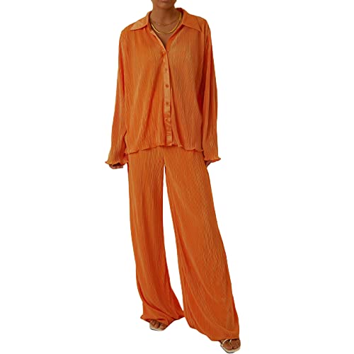 Geagodelia 2tlg Damen Plissee Outfit Kleidung Set High Waist Freizeithose Weite Hose + Button Down Langarmshirt Leichte Dünn Loungewear Set Streatwear Sommer (Orange, M) von Geagodelia