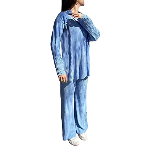 Geagodelia Zweiteiler Damen Plissee Outfit Kleidung Elegant Hosenanzug 2 Teiler Set Weite Hose + Button Down Langarmshirt Loungewear Streatwear Anzug Sommer (A - Blau, L) von Geagodelia