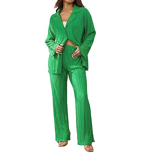 Geagodelia Zweiteiler Damen Plissee Outfit Kleidung Elegant Hosenanzug 2 Teiler Set Weite Hose + Button Down Langarmshirt Loungewear Streatwear Anzug Sommer (A - Grün, L) von Geagodelia