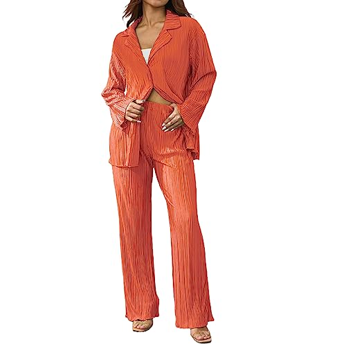 Geagodelia Zweiteiler Damen Plissee Outfit Kleidung Elegant Hosenanzug 2 Teiler Set Weite Hose + Button Down Langarmshirt Loungewear Streatwear Anzug Sommer (A - Orange, L) von Geagodelia