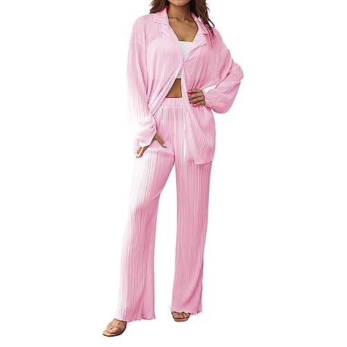 Geagodelia Zweiteiler Damen Plissee Outfit Kleidung Elegant Hosenanzug 2 Teiler Set Weite Hose + Button Down Langarmshirt Loungewear Streatwear Anzug Sommer (A - Pink, L) von Geagodelia