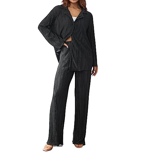 Geagodelia Zweiteiler Damen Plissee Outfit Kleidung Elegant Hosenanzug 2 Teiler Set Weite Hose + Button Down Langarmshirt Loungewear Streatwear Anzug Sommer (A - Schwarz, L) von Geagodelia