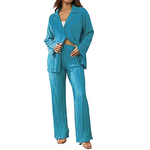 Geagodelia Zweiteiler Damen Plissee Outfit Kleidung Elegant Hosenanzug 2 Teiler Set Weite Hose + Button Down Langarmshirt Loungewear Streatwear Anzug Sommer (A - Türkis, S) von Geagodelia