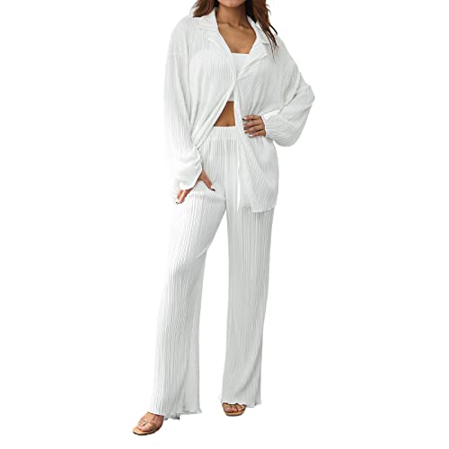 Geagodelia Zweiteiler Damen Plissee Outfit Kleidung Elegant Hosenanzug 2 Teiler Set Weite Hose + Button Down Langarmshirt Loungewear Streatwear Anzug Sommer (A - Weiß, L) von Geagodelia