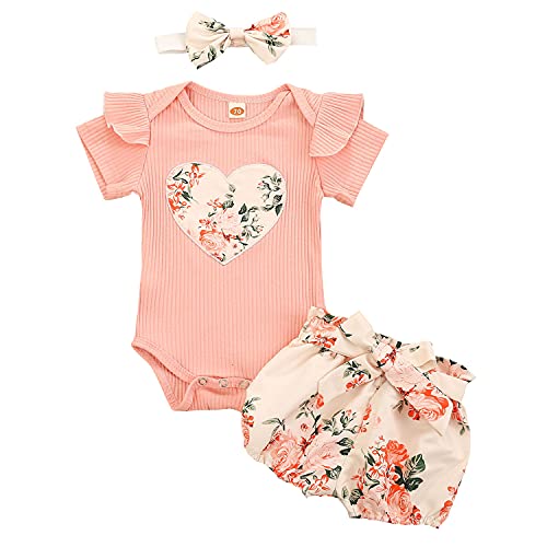 Geagodelia 3tlg Baby Kleidung Outfit Mädchen Babykleidung Set Kurzarm Body Strampler + Blumen Shorts + Stirnband Neugeborene Weiche Sommer Babyset (Pink - Herz, 12-18 Monate) von Geagodelia