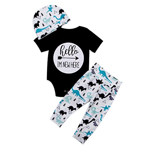 Geagodelia 3tlg Babykleidung Set Baby Jungen Kleidung Outfit Body Strampler + Hose + Mütze Neugeborene Kleinkinder Weiche Babyset New to The Crew (0-3 Monate, Schwarz 774 Dinosaurier - Kurzarm) von Geagodelia