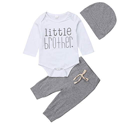 Geagodelia 3tlg Babykleidung Set Baby Jungen Kleidung Outfit Body Strampler + Hose + Mütze Neugeborene Kleinkinder Weiche Babyset T-18266 (0-3 Monate, Little Brother (Grau 174 - Langarm)) von Geagodelia