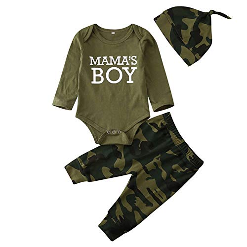 Geagodelia 3tlg Babykleidung Set Baby Jungen Kleidung Outfit Body Strampler + Hose + Mütze Neugeborene Kleinkinder Weiche Babyset T-18266 (0-3 Monate, Mama's Boy (Grün 708B - Langarm)) von Geagodelia