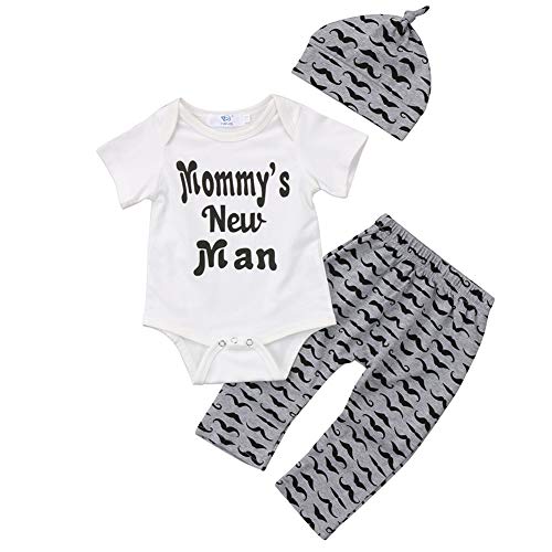 Geagodelia 3tlg Babykleidung Set Baby Jungen Kleidung Outfit Body Strampler + Hose + Mütze Neugeborene Kleinkinder Weiche Babyset T-18266 (0-3 Monate, Mommy's New Man (Grau 758 - Kurzarm)) von Geagodelia