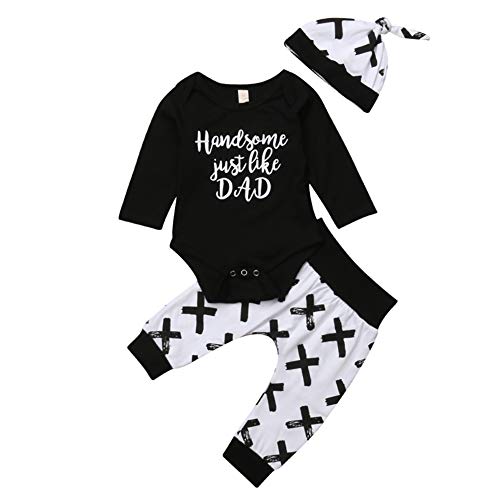 Geagodelia 3tlg Babykleidung Set Baby Jungen Kleidung Outfit Body Strampler + Hose + Mütze Neugeborene Kleinkinder Weiche Babyset T-18266 (3-6 Monate, Handsome Like Dad (Schwarz 852 - Langarm)) von Geagodelia