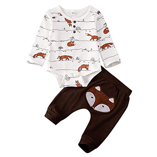 Geagodelia 3tlg Babykleidung Set Baby Jungen Kleidung Outfit Body Strampler + Hose + Mütze Neugeborene Kleinkinder Weiche Babyset Tier (0-3 Monate, Fuchs (Weiß & Braun - Langarm)) von Geagodelia