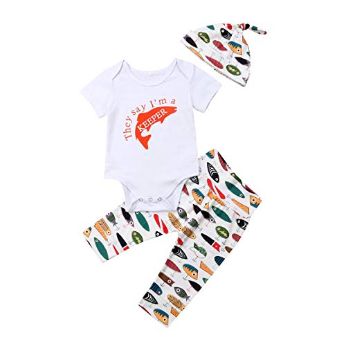 Geagodelia 3tlg Babykleidung Set Baby Jungen Kleidung Outfit Body Strampler + Hose + Mütze Neugeborene Kleinkinder Weiche Babyset Tier (12-18 Monate, Fisch (Weiß 573 - Kurzarm)) von Geagodelia