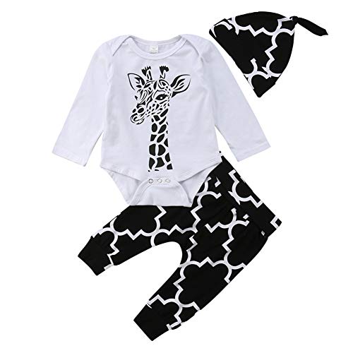 Geagodelia 3tlg Babykleidung Set Baby Jungen Kleidung Outfit Body Strampler + Hose + Mütze Neugeborene Kleinkinder Weiche Babyset Tier (12-18 Monate, Giraffe (Weiß & Schwarz 167 - Langarm)) von Geagodelia