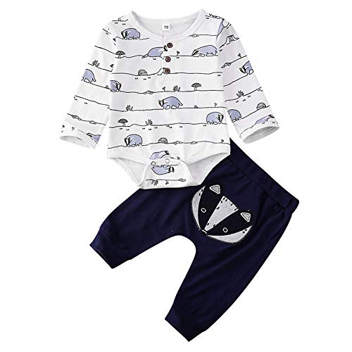 Geagodelia 3tlg Babykleidung Set Baby Jungen Kleidung Outfit Body Strampler + Hose + Mütze Neugeborene Kleinkinder Weiche Babyset Tier (6-12 Monate, Waschbär (Weiß & Blau - Langarm)) von Geagodelia