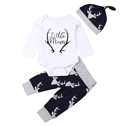 Geagodelia 3tlg Babykleidung Set Baby Jungen Langarm Body + Hose + Mütze Kleinkinder Neugeborene Weiche Warme Baumwolle Babyset Bekleidung (0-3 Monate, Little Man (Weiß + Blau-Elk)) von Geagodelia