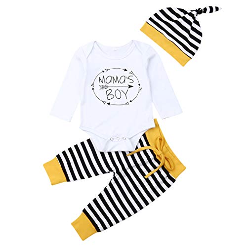 Geagodelia 3tlg Babykleidung Set Baby Jungen Langarm Body + Hose + Mütze Kleinkinder Neugeborene Weiche Warme Baumwolle Babyset Bekleidung (0-3 Monate, Mama's Boy (Weiß + Schwarz Streifen)) von Geagodelia