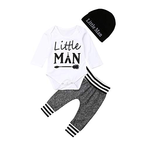 Geagodelia 3tlg Babykleidung Set Baby Jungen Langarm Body + Hose + Mütze Kleinkinder Neugeborene Weiche Warme Baumwolle Babyset Bekleidung (12-18 Monate, Little Man (Weiß + Grau)) von Geagodelia