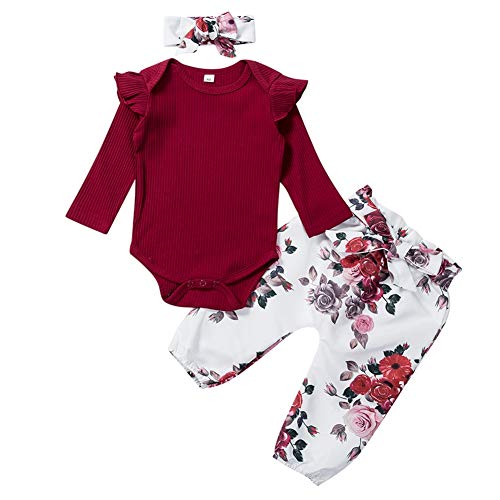 Geagodelia 3tlg Babykleidung Set Baby Mädchen Kleidung Outfit Langarm Body Strampler + Blumen Hose + Stirnband Neugeborene Kleinkinder Weiche Babyset T-28316 (6-12 Monate, Weinrot 488) von Geagodelia