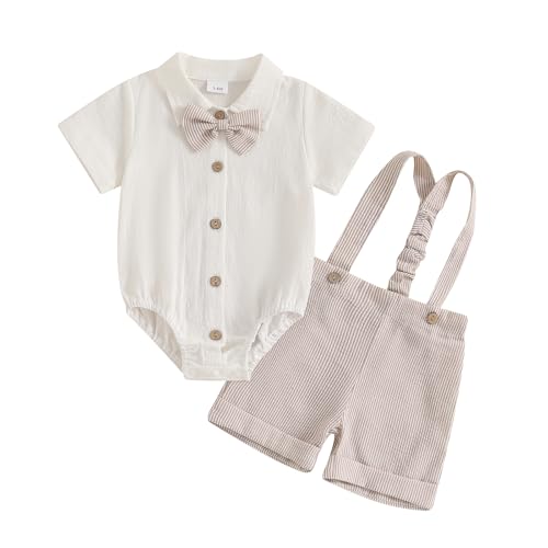 Geagodelia Baby Boy Gentleman Outfit Solide Farbe Kurze Ärmel Revers Hals Strampler Bodysuit Mit Hosenträger Shorts Und Bowtie 3 Stück Set (B Khaki, 6-9 Months) von Geagodelia
