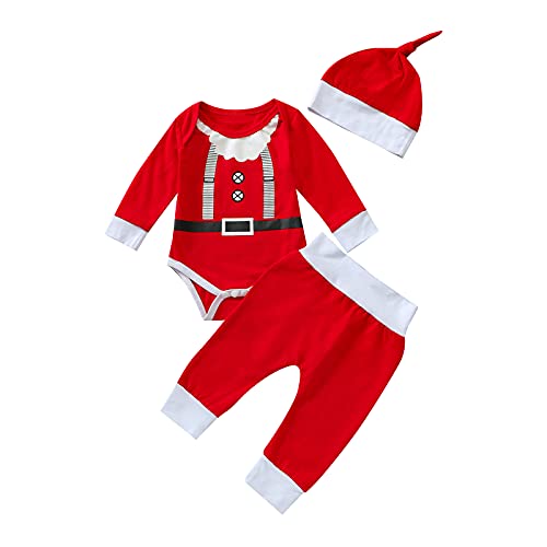 Geagodelia Baby Christmas Weihnacht Outfit Kinder Rompers Suit Pants Deer Hat Santa Hat Set (Rot, 6-9 Monate) von Geagodelia