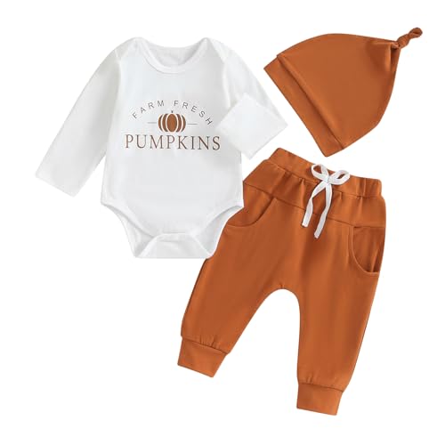 Geagodelia Baby Jungen Halloween Kleidung Outfit Kürbis Babykleidung Set Body Top + Hose + Hut Neugeborene Kleinkinder Weiche Babyset My First Halloween (Weiß 92, 6-12 Monate) von Geagodelia