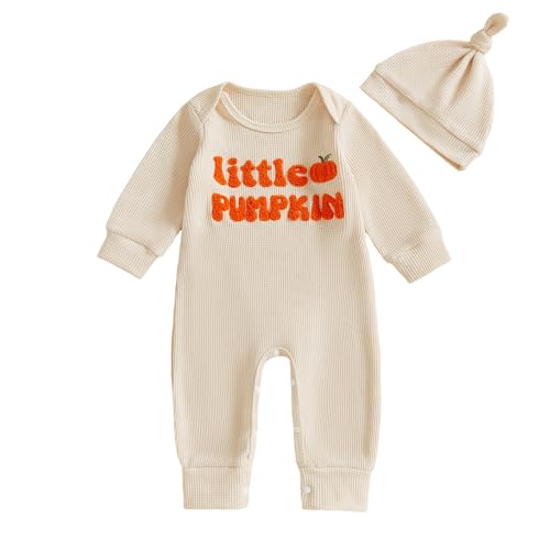 Geagodelia Baby Jungen Halloween Strampler Overall + Hut Kürbis Kleidung Outfit Babykleidung Neugeborene Weiche Babystrampler Mein Erstes Halloween (Little Pumpkin - Beige, 3-6 Monate) von Geagodelia