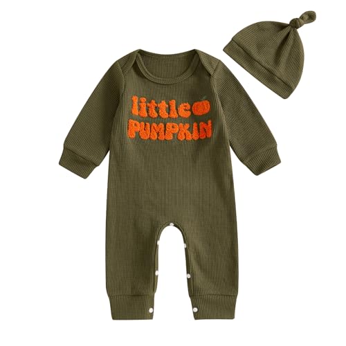 Geagodelia Baby Jungen Halloween Strampler Overall + Hut Kürbis Kleidung Outfit Babykleidung Neugeborene Weiche Babystrampler Mein Erstes Halloween (Little Pumpkin - Grün, 6-12 Monate) von Geagodelia