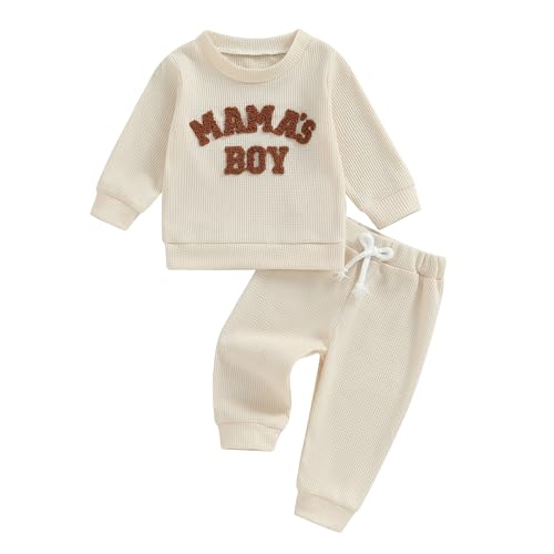 Geagodelia Baby Jungen Kleidung Babykleidung Outfit Set Mama's Boy Langarmshirt Sweatshirt + Hose Neugeborene Weiche Babyset Zweiteiler (B - Beige, 12-18 Monate) von Geagodelia