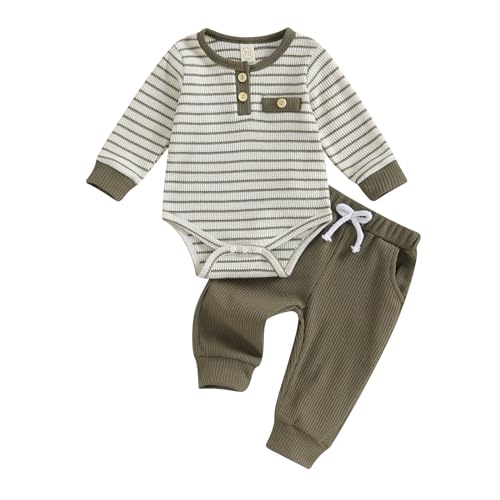 Geagodelia Baby Jungen Kleidung Outfit Babykleidung Set Langarm Body Strampler + Hose Neugeborene Weiche Babyset Zweiteiler NT-616 (Armeegrün, 0-3 Monate) von Geagodelia