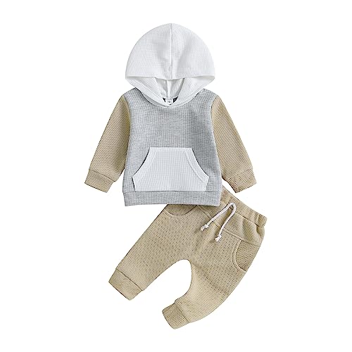 Geagodelia Baby Jungen Kleidung Outfit Babykleidung Set Langarm Kapuzenpullover Top + Hose Neugeborene Weiche Babyset Zweiteiler Patchwork (B - Khaki & Grau, 12-18 Monate) von Geagodelia