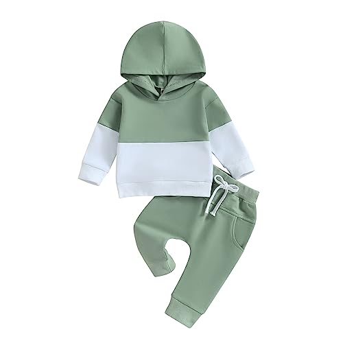 Geagodelia Baby Jungen Kleidung Outfit Babykleidung Set Langarm Kapuzenpullover Top + Hose Neugeborene Weiche Babyset Zweiteiler Patchwork (C - Grün, 6-12 Monate) von Geagodelia