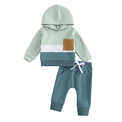 Geagodelia Baby Jungen Kleidung Outfit Babykleidung Set Langarm Kapuzenpullover Top + Hose Neugeborene Weiche Babyset Zweiteiler Patchwork (D - Blau & Grün, 0-6 Monate) von Geagodelia