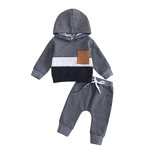 Geagodelia Baby Jungen Kleidung Outfit Babykleidung Set Langarm Kapuzenpullover Top + Hose Neugeborene Weiche Babyset Zweiteiler Patchwork (D - Grau & Schwarz, 0-6 Monate) von Geagodelia