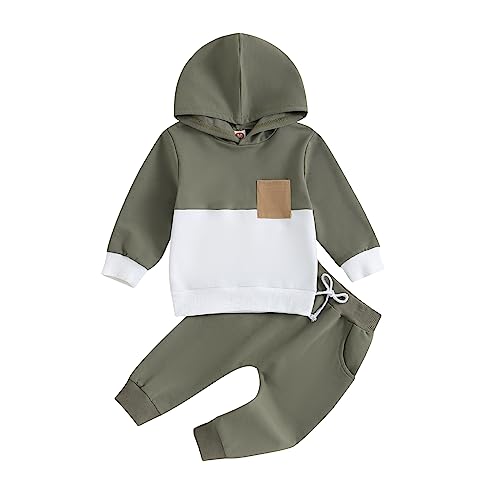 Geagodelia Baby Jungen Kleidung Outfit Babykleidung Set Langarm Kapuzenpullover Top + Hose Neugeborene Weiche Babyset Zweiteiler Patchwork (E - Armeegrün, 0-6 Monate) von Geagodelia