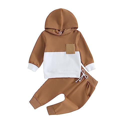 Geagodelia Baby Jungen Kleidung Outfit Babykleidung Set Langarm Kapuzenpullover Top + Hose Neugeborene Weiche Babyset Zweiteiler Patchwork (E - Braun, 12-18 Monate) von Geagodelia