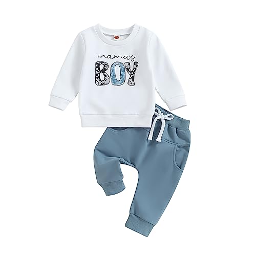 Geagodelia Baby Jungen Kleidung Outfit Babykleidung Set Langarmshirt Sweatshirt + Hose Neugeborene Weiche Babyset Mama's Boy Zweiteiler (A - Weiß & Blau, 0-6 Monate) von Geagodelia