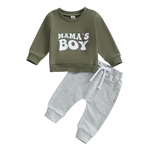 Geagodelia Baby Jungen Kleidung Outfit Babykleidung Set Langarmshirt Sweatshirt + Hose Neugeborene Weiche Babyset Mama's Boy Zweiteiler (B - Armeegrün & Grau, 12-18 Monate) von Geagodelia