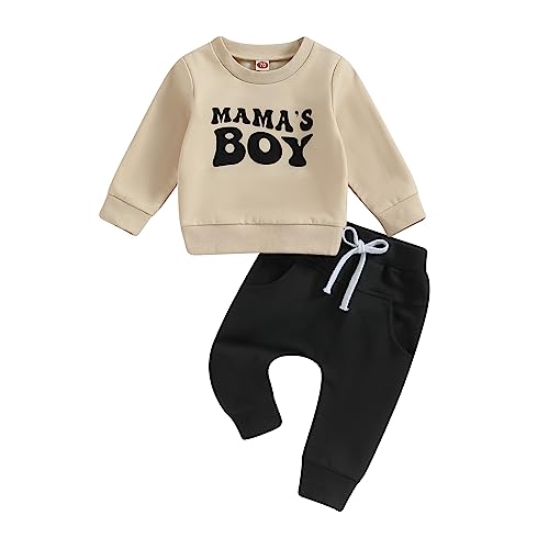 Geagodelia Baby Jungen Kleidung Outfit Babykleidung Set Langarmshirt Sweatshirt + Hose Neugeborene Weiche Babyset Mama's Boy Zweiteiler (B - Beige & Schwarz, 12-18 Monate) von Geagodelia
