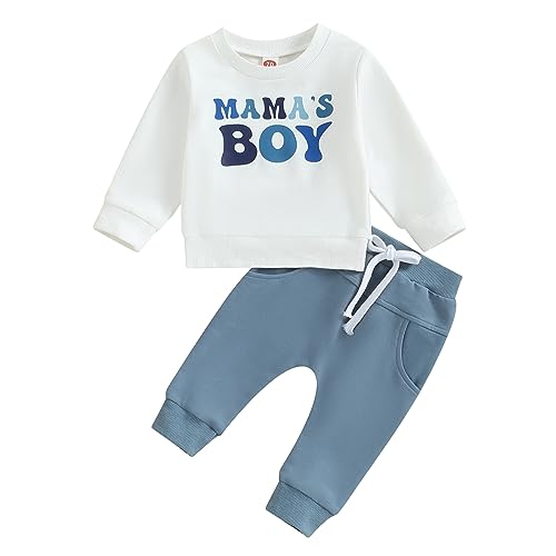 Geagodelia Baby Jungen Kleidung Outfit Babykleidung Set Langarmshirt Sweatshirt + Hose Neugeborene Weiche Babyset Mama's Boy Zweiteiler (B - Weiß & Blau, 12-18 Monate) von Geagodelia