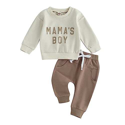 Geagodelia Baby Jungen Kleidung Outfit Babykleidung Set Langarmshirt Sweatshirt + Hose Neugeborene Weiche Babyset Mama's Boy Zweiteiler (C - Beige & Braun, 0-6 Monate) von Geagodelia