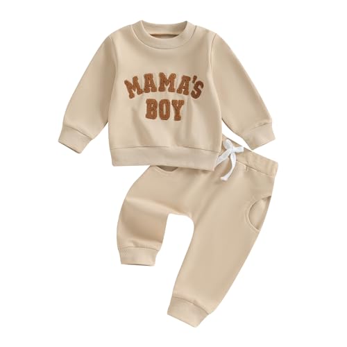 Geagodelia Baby Jungen Kleidung Outfit Babykleidung Set Langarmshirt Sweatshirt + Hose Neugeborene Weiche Babyset Mama's Boy Zweiteiler (D - Beige, 12-18 Monate) von Geagodelia